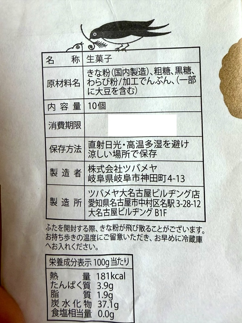 ツバメヤ黄金わらびの食品表示ラベル。原材料はきな粉、粗糖、黒糖、わらび粉、加工でんぷん
