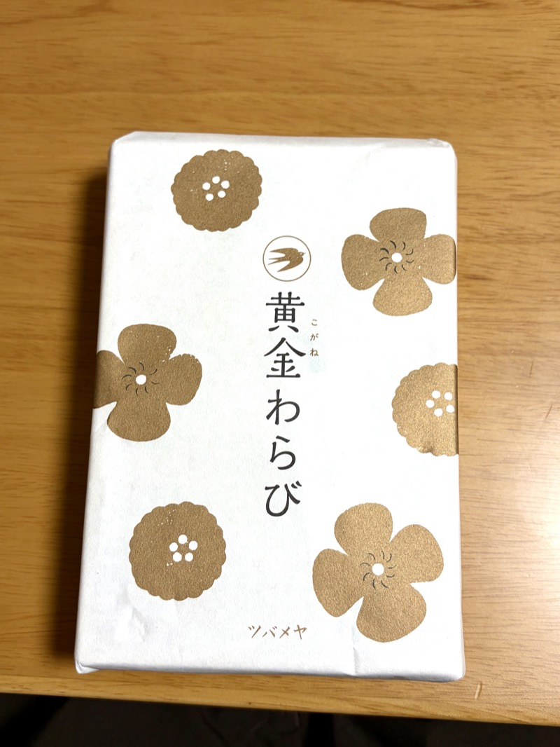 ツバメヤ黄金わらびの包装紙。金色の花模様とツバメのマーク
